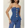 imageMilumia Womens Metal Button Front Denim Tube Top Elegant Sleeveless Bandeau TopsDeep Blue