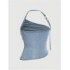 imageMilumia Womens Ruched Denim Halter Top Trendy Backless Asymmetrical Tank TopsLight Wash