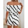 imageMilumia Womens Summer Off Shoulder Romper Colorblock Short Sleeve Knot Printed Shorts Jumpsuit