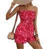 imageMilumia Womens Summer Strapless Smocked Tube Romper Printed Tie Front Shorts JumpsuitRed
