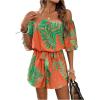 imageMilumia WomenS Off The Shoulder Romper Boho Elastic Waist Jumpsuit Summer Short Set BeachGreen Orange