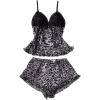 imageMilumia Womens 2 Piece Leopard Print Pajama Set Lace Mesh Cami Top Shorts PajamasBlack and White