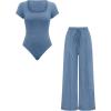 imageMilumia Womens 2 Piece Outfit Ribbed Square Neck Bodysuits Top and Pants Set Dusty Blue XLarge