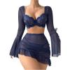 imageMilumia Womens 3 Piece Lingerie Set Sheer Long Sleeve Lace Bra Top V String Thong with SkirtDark Blue