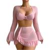 imageMilumia Womens 3 Piece Lingerie Set Sheer Long Sleeve Lace Bra Top V String Thong with SkirtLight Pink