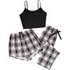 imageMilumia Womens 3 Pieces Pajamas Cami Top and Plaid Shorts Pants Pj Sets SleepwearBlack