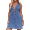 imageMilumia Womens Bow Tie Plunge V Neck Sleeveless Straight Denim Short DressesBlue