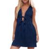 imageMilumia Womens Bow Tie Plunge V Neck Sleeveless Straight Denim Short DressesDark Blue