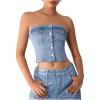 imageMilumia Womens Button Front Denim Tube Top Raw Hem Strapless Bandeau Jean TopsA Light Blue