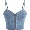 imageMilumia Womens Denim Bustier Crop Top Zip Front Spaghetti Strap Jean Cami Tank TopsMedium Wash