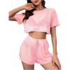 imageMilumia Womens Drop Sleeve 2 Piece Mesh Outfit Crop Top and Shorts Lounge SetPink