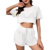 imageMilumia Womens Drop Sleeve 2 Piece Mesh Outfit Crop Top and Shorts Lounge SetWhite