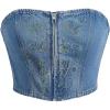 imageMilumia Womens Embroidery Denim Tube Top Zip Front Strapless Sleeveless Bandeau Crop Tops