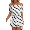 imageMilumia Womens Summer Off Shoulder Romper Colorblock Short Sleeve Knot Printed Shorts Jumpsuit
