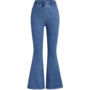 imageMilumia Girl Raw Hem Flare Jeans High Rise Wide Leg Bottoms Casual Long Denim Pants Medium Wash 10Y
