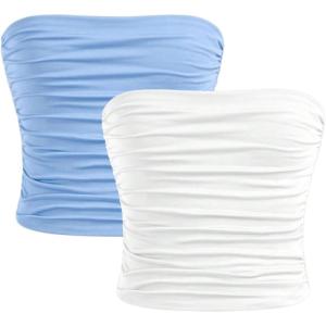 imageMilumia Girls 2 Pack Tube Top Ruched Strapless Going Out Basic Bandeau TopsBlue and White