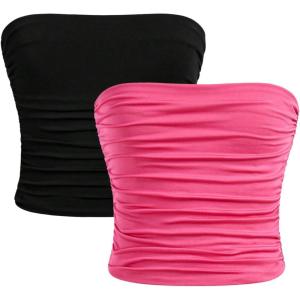 imageMilumia Girls 2 Pack Tube Top Ruched Strapless Going Out Basic Bandeau TopsMulti Black and Pink