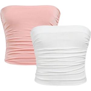 imageMilumia Girls 2 Pack Tube Top Ruched Strapless Going Out Basic Bandeau TopsWhite and Pink