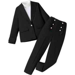 imageMilumia Girls 2 Piece Outfits Button Long Sleeve Blazer and Pants SetBlack