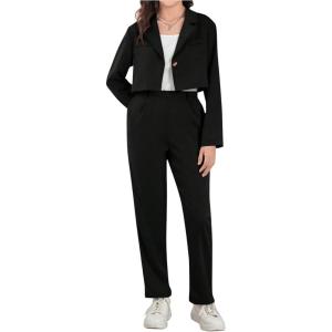 imageMilumia Girls 2 Piece Outfits Long Sleeve Crop Blazer Jacket and PantsBlack