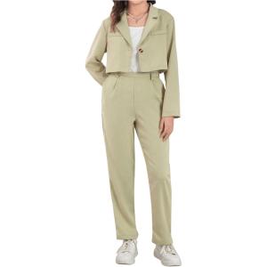 imageMilumia Girls 2 Piece Outfits Long Sleeve Crop Blazer Jacket and PantsGreen