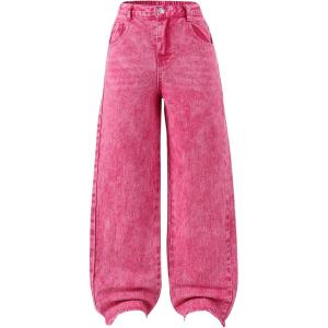imageMilumia Girls Elastic Waisted Denim Jeans Pants Loose Fit Raw Hem Wide Leg TrousersPink