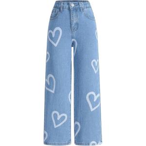 imageMilumia Girls Heart Print Elastic Waist Denim Jeans Straight Leg Cute Long Pant