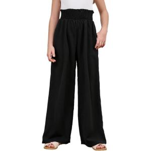 imageMilumia Girls Linen High Waist Smocked Paperbag Wide Leg Pants Long TrousersBlack