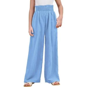 imageMilumia Girls Linen High Waist Smocked Paperbag Wide Leg Pants Long TrousersLight Blue