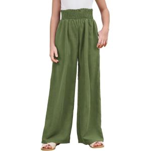 imageMilumia Girls Linen High Waist Smocked Paperbag Wide Leg Pants Long TrousersSolid Green