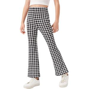 imageMilumia Girls Plaid Split Hem Elastic High Waist Flare Pants Bell Bottom TrousersBlack and White