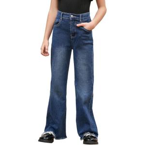 imageMilumia Girls Raw Hem Stretchy Flare Jeans Bell Bottom Denim Long Pants with PocketDark Blue