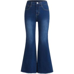 imageMilumia Girls Raw Hem Stretchy Flare Jeans Bell Bottom Denim Long Pants with PocketDeep Blue