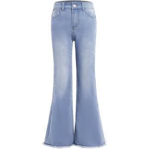 imageMilumia Girls Raw Hem Stretchy Flare Jeans Bell Bottom Denim Long Pants with PocketLight Blue