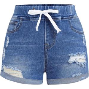 imageMilumia Girls Ripped Raw Trim Denim Shorts Cutout High Waist Stretchy Short JeansDrawstring Light Wash