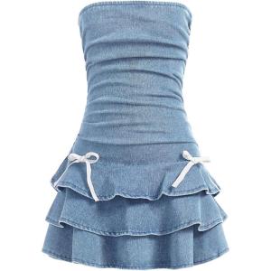 imageMilumia Girls Ruched Denim Tube Dress Bow Knot Tiered Layered Short DressesLight Wash