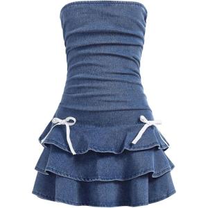 imageMilumia Girls Ruched Denim Tube Dress Bow Knot Tiered Layered Short DressesMedium Wash