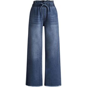 imageMilumia Girls Straight Wide Leg Baggy Jeans Raw Hem Denim Drawstring Paperbag PantsDeep Blue