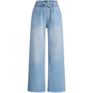 imageMilumia Girls Straight Wide Leg Baggy Jeans Raw Hem Denim Drawstring Paperbag PantsLight Blue