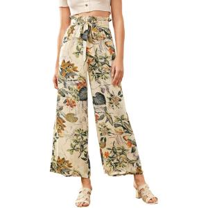 imageMilumia Women Belted Frilled Waist Tropical Print Boho Wide Leg Palazzo PantsMulticolor