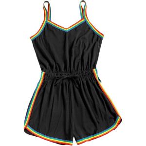 imageMilumia Women Casual Rainbow Stripe Print Cami Romper Knot High Waist Sport JumpsuitBlack