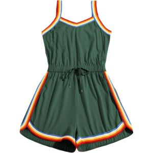 imageMilumia Women Casual Rainbow Stripe Print Cami Romper Knot High Waist Sport JumpsuitDark Green