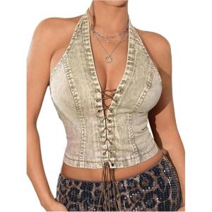 imageMilumia Women Lace Up Denim Halter Top Sleeveless Backless Sexy Crop Tank TopsArmy Green
