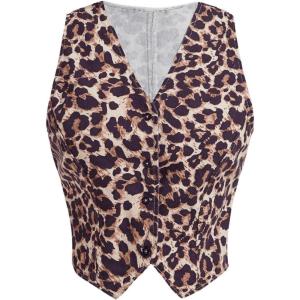 imageMilumia Women Leopard Print Vest V Neck Button Down Sleeveless Blazer Waistcoat