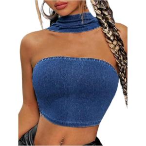 imageMilumia Women Sexy Denim Top Y2k Sleeveless Slim Fitted Crop Halter Tops StreetwearDark Wash
