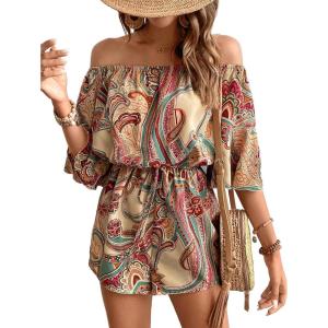 imageMilumia WomenS Off The Shoulder Romper Boho Elastic Waist Jumpsuit Summer Short Set BeachBeige