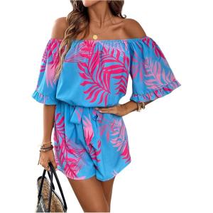 imageMilumia WomenS Off The Shoulder Romper Boho Elastic Waist Jumpsuit Summer Short Set BeachBlue Pink