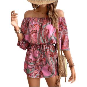imageMilumia WomenS Off The Shoulder Romper Boho Elastic Waist Jumpsuit Summer Short Set BeachHot Pink