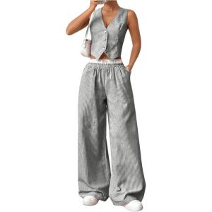 imageMilumia Womens 2 Pcs Outfits Striped V Neck Button Blazer Vest Pants TracksuitGrey