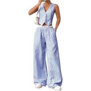 imageMilumia Womens 2 Pcs Outfits Striped V Neck Button Blazer Vest Pants TracksuitLight Blue